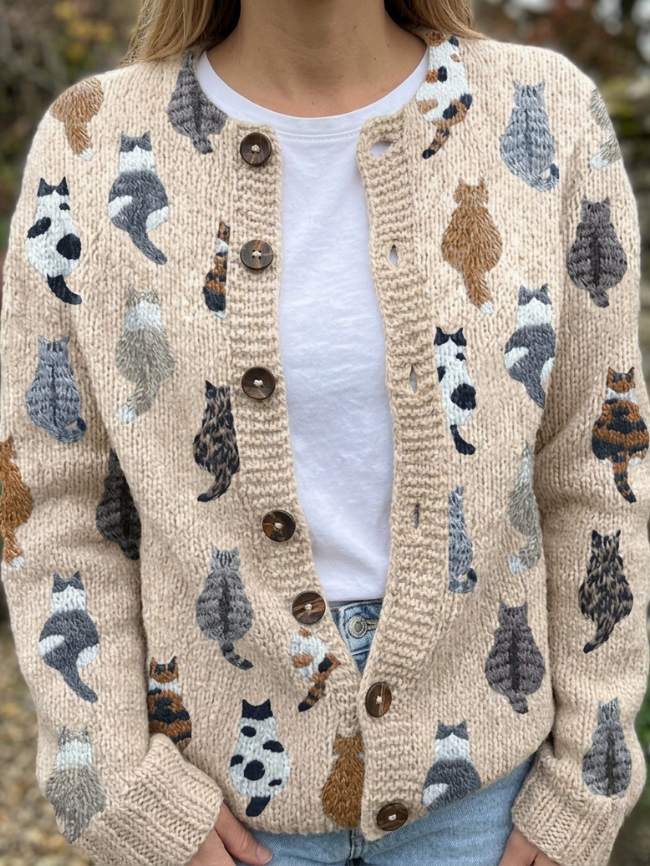 Charlotte - Katzenprint-Strickjacke